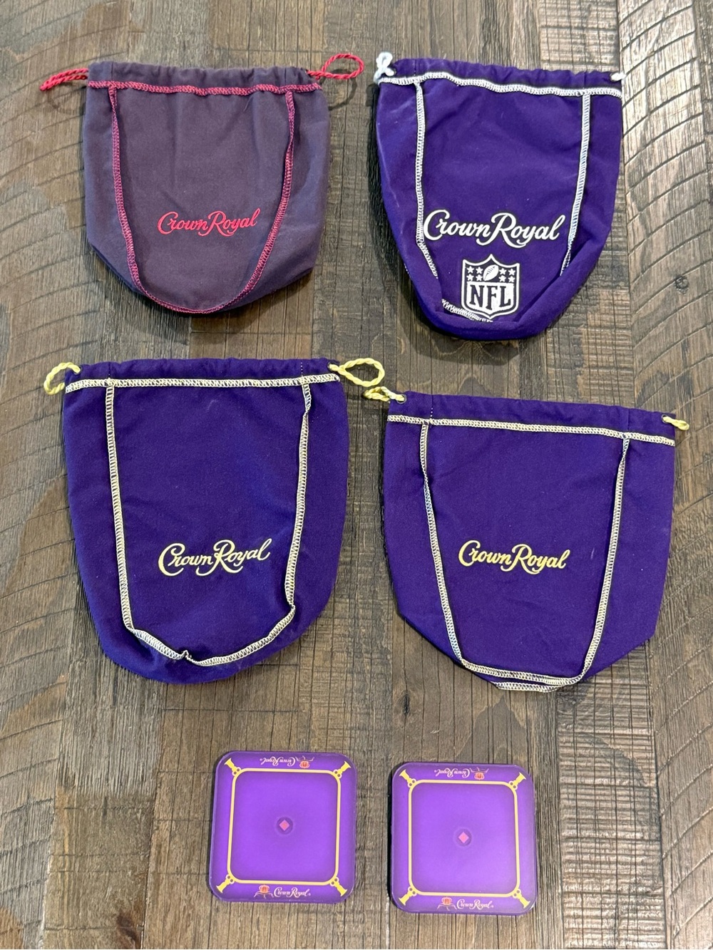 Crown Royal Bundle of 4 Purple Drawstring Dust Bags Plus 2 Crown Coasters
